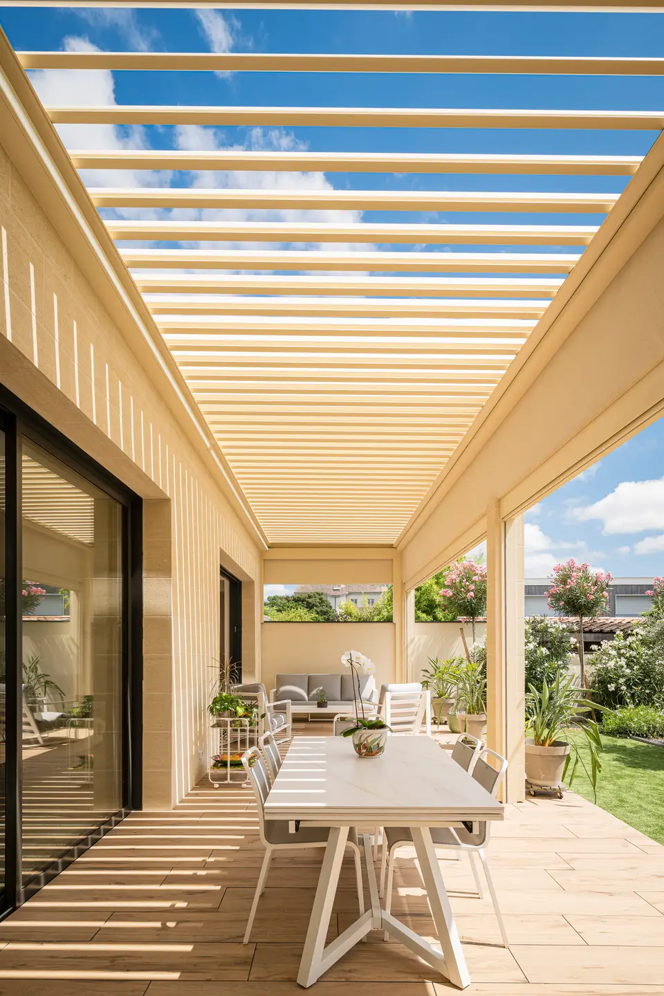 Aero pergola column detail at a Bordeaux residence