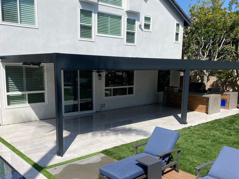 The aluminum frame installed, before the louvers, lighting and furniture went in