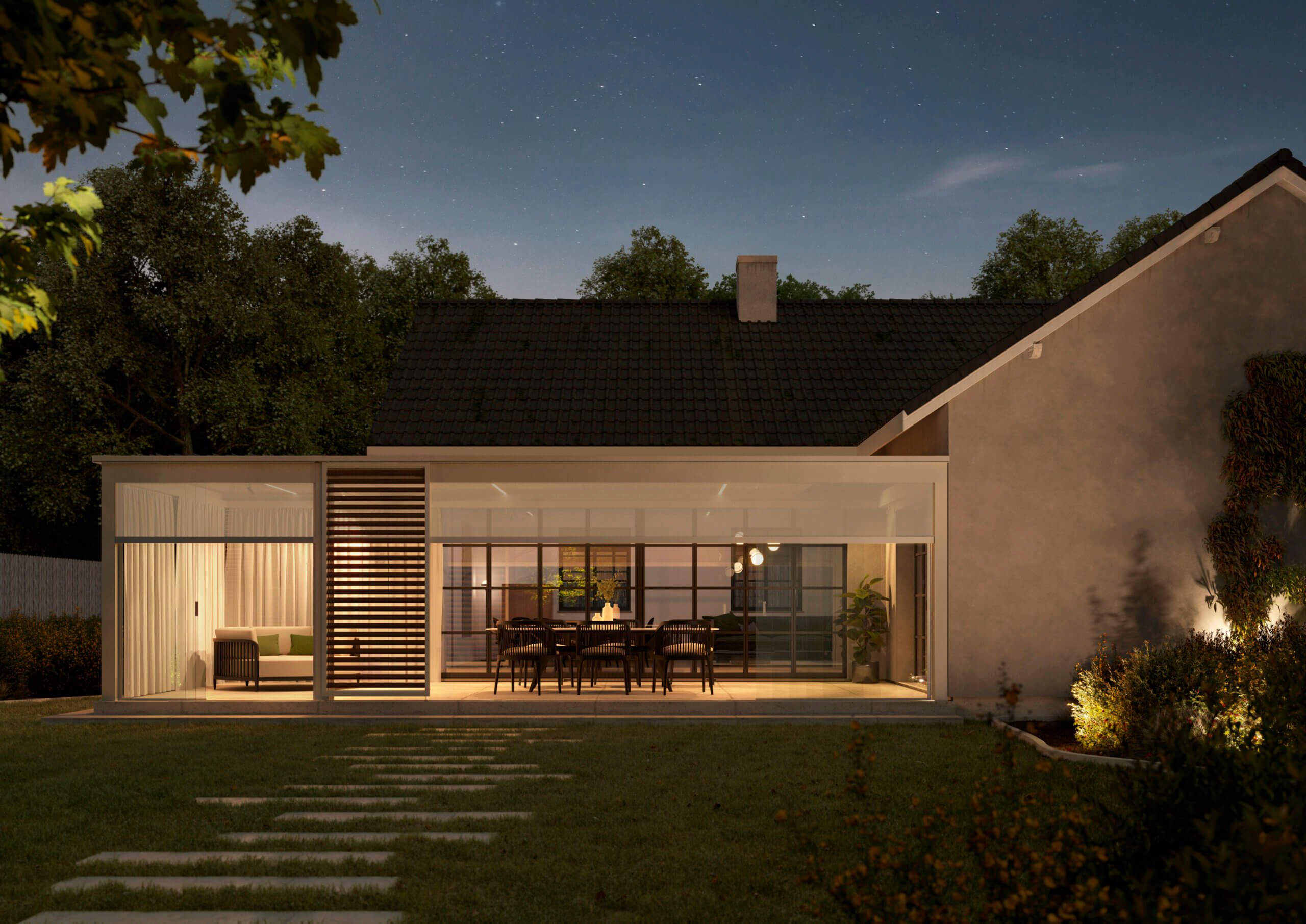 Modern enclosed aluminum pergola with integrated sliding panels and warm evening lighting attached to a single-story home.